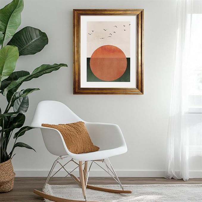 Gold Framed Japanese Minimalist Sunset With Bird Wall Art Nature Geometric Abstract Poster Modern Mid Century Eclectic Canvas Prints for Living Room Gallery Home Decor 24x36 inch