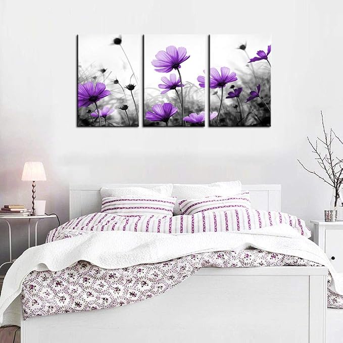 Flowers Wall Art Canvas Pictures Purple Wildflowers Black and White Background 3 Piece Canvas Art Blossom Contemporary Artwork for Home Decoration Office Kitchen Wall Decor 16"x 24" x 3 Panels