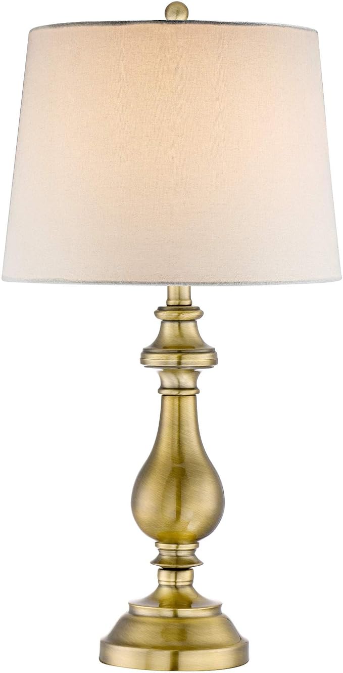 Regency Hill Traditional Style Table Lamp 26" High Antique Brass Gold Metal Candlestick White Tan Fabric Drum Shade Decor for Living Room Bedroom House Bedside Nightstand Home Office Family