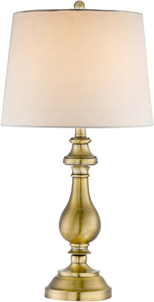 Regency Hill Traditional Style Table Lamp 26" High Antique Brass Gold Metal Candlestick White Tan Fabric Drum Shade Decor for Living Room Bedroom House Bedside Nightstand Home Office Family