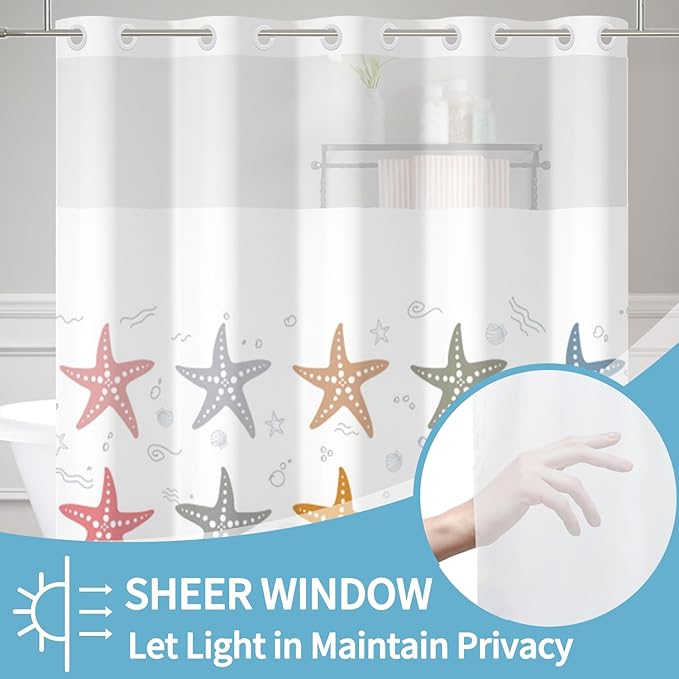 No Hook Shower Curtain with Snap in Liner Set Coastal Starfish Theme Shower Curtain for Bathroom Hotel Style Decor Waterproof and Washable Polyester Fabric Bath Curtains Shower 71Wx74H
