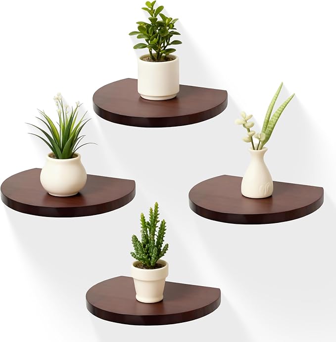 Small Wood Floating Shelves (4-Pack, 8-inch Diameter) - Round Sturdy Invisible Wall Mount Display for Small Plants,Toys,Bathroom,Living Room Storage & Modern Rustic Décor (Dark Walnut)