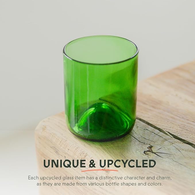 IWAS Upcycled Green Drinking Glasses | 250 ML | 8.45 OZ | Set of 6 | Sustainable Water Glass | Environmentally Friendly Dark Green Glassware