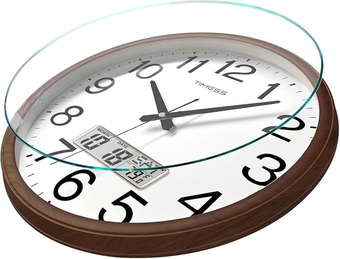 TIMESS Wall Clock, Classic Wood Style Finish, 16 Inch Non-Ticking Silent Battery Operated Quartz Analog with Perpetual Calendar and F° Temperature Display, Home, Office Décor (Wood Brown)