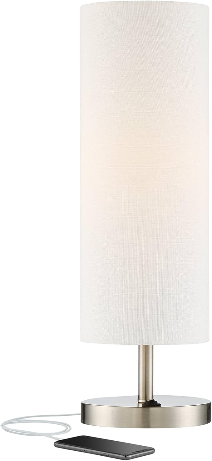 360 Lighting Heyburn Modern Accent Table Lamp with Hotel Style USB and AC Power Outlet in Base 20" High Brushed Nickel Off White Cylinder Shade for Living Room Desk Bedroom House Bedside
