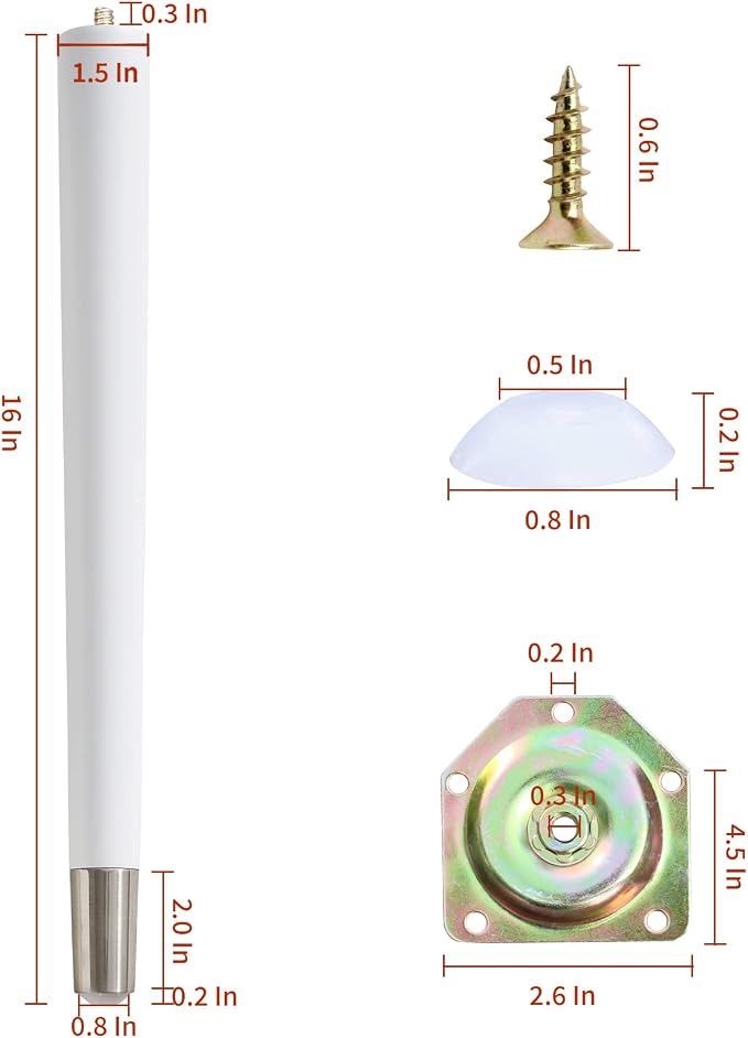 TEMI Table Legs 16 inch Wood Furniture Legs with Metal Edge for Coffee Table End Table Mid-Century Modern Style Tapered Round DIY Furniture Legs Accessories Included, White