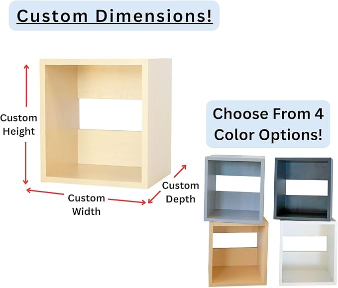 Custom Sized 1-Cube Cubby; Choose color, width, depth, and height. Units are 3/4 inch thick premium grade melamine for strong, solid unit. Easy assembly. Place on the floor or mount on a wall.
