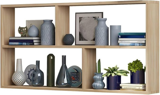 RUNNUP Floating Wall Mount Bookcase Engineered Wood Book Shelf Decor Wall Shelf for Study Room Office Living Room, Natural 47.2" L x 9.4" W x 25.6" H