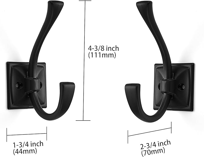 2-Pack Matte Black Coat Hooks - Wall Mounted Double Robe Hooks for Coats, Towels, Bags, Cups, Hats