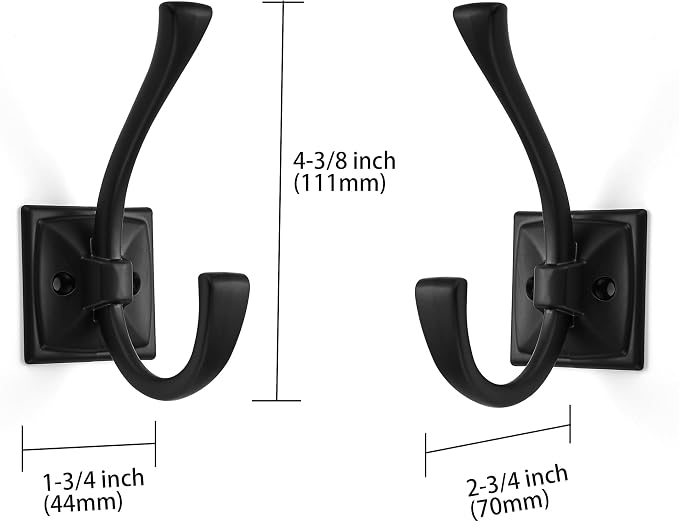 2-Pack Matte Black Coat Hooks - Wall Mounted Double Robe Hooks for Coats, Towels, Bags, Cups, Hats