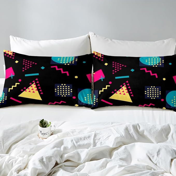 Memphis Duvet Cover Set Full Size, Retro 80s 90s Geometric Fashion Style Bedding Set for Kids Boys, Triangle Circle Vintage Comforter Cover Soft Polyester Quilt Cover with 2 Pillowcases,No Comforter