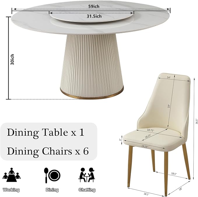 7-Piece Round Marble Dining Table Set, 59" D Round Dining Room Table with 31.5" Removable Lazy Susan Turntable, 1 Table & 6 Chairs Set for Dining Room, Kitchen