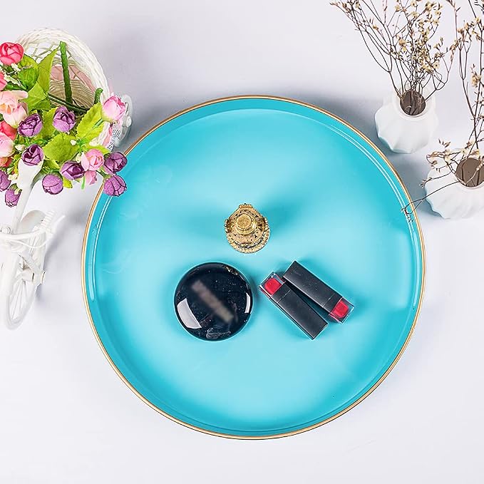 MAONAME 13-inch Light Blue Round Tray, Modern Decorative Tray for Coffee Table, Blue Serving Tray with Handles, Plastic Circle Tray for Ottoman, Bathroom, Decor