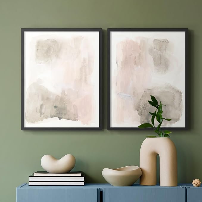 Renditions Gallery Set of 2 Peel & Stick Framed Prints, Watercolor Abstract Wall Art, Nude Color Neutral Aesthetic Wall Decor, Re-Stickable - Ready to Hang - 8"x10" - Black Frame LT588