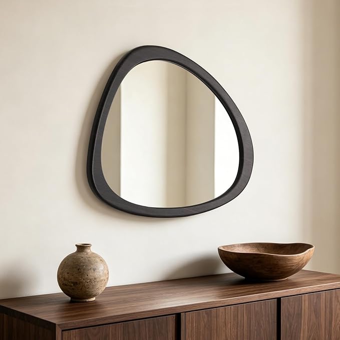HOMECOOKIN 19" H x 23" Asymmetrical Mirror, Irregular Wooden Wall Mirror for Bedroom, Living Room,Entryway– Mid-Century Modern Decorative Mirror, Solid Wood Frame, Pebble Shaped Design (Dark Brown)