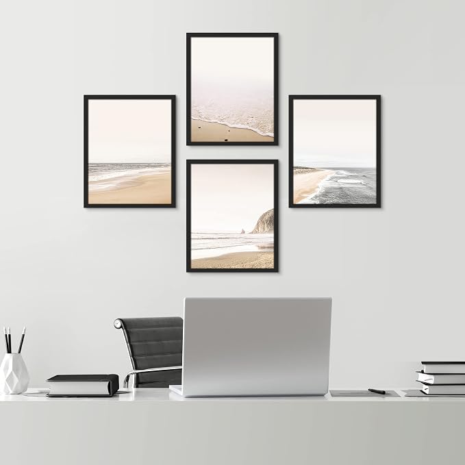 SIGNWIN Framed White Minimalist Ocean Beach Seashore Scenic Wall Art, Set of 4 Landscape Colorful Wall Decor Prints, Nature Wilderness Wall Décor for Living Room, Bedroom - 11"x14" Black