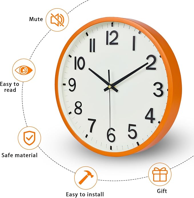 Wall Clocks Battery Operated 12 inch Modern Wall Clock,Silent Non Ticking Wall Clock for Living Room Bedroom Kitchen Office Classroom Decor (Beige and Orange)