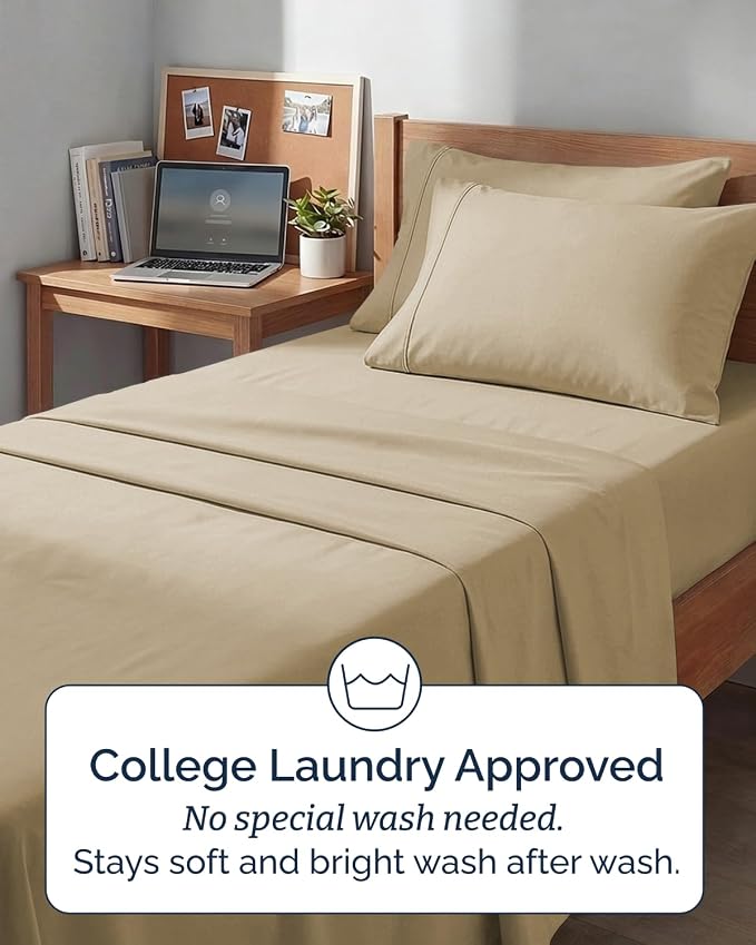Extra Deep Twin XL Sheet Set - 4 Piece College Dorm Bed Sheets Set with Extra Deep Pockets - Ultra-Soft, Comfy & Breathable Bedding for Women, Men, Kids & Teens - Wrinkle Free & Fade Resistant - Beige