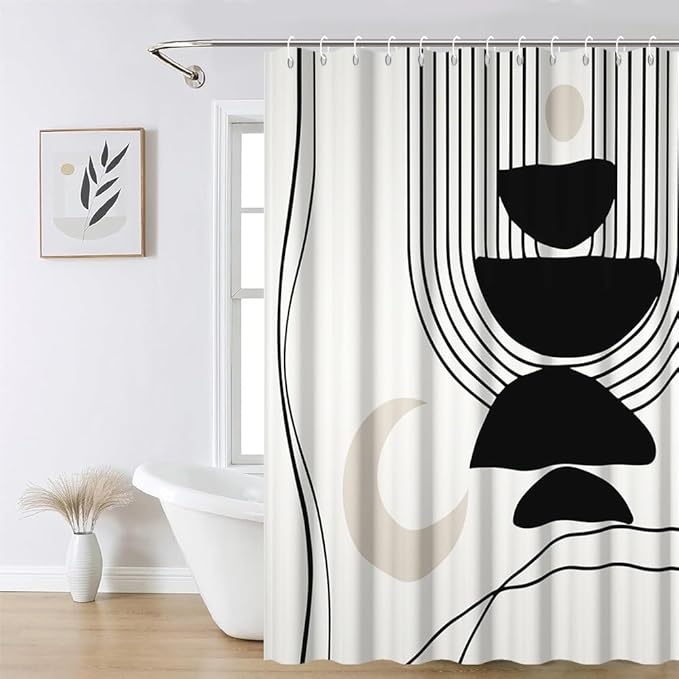 Black White Boho Shower Curtain for Bathroom Modern Abstract Minimalist Neutral Bathroom Decor Mid Century Arch Moon Geometric Bath Curtain Washable Waterproof Polyester Fabric with Hooks 72x96 Inch