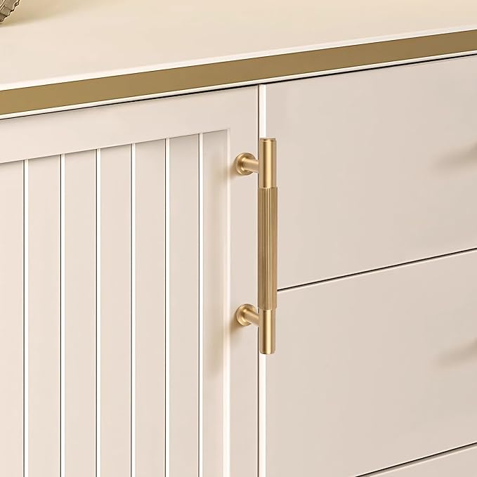 SALISENG-5 Pack Satin Gold Kitchen Cabinet Pulls, 3-3/4 Inches Brushed Brass Dresser Drawer Handles, Modern Gold Furniture Door Handles for Cupboard Vanity Wardrobe Cupboard