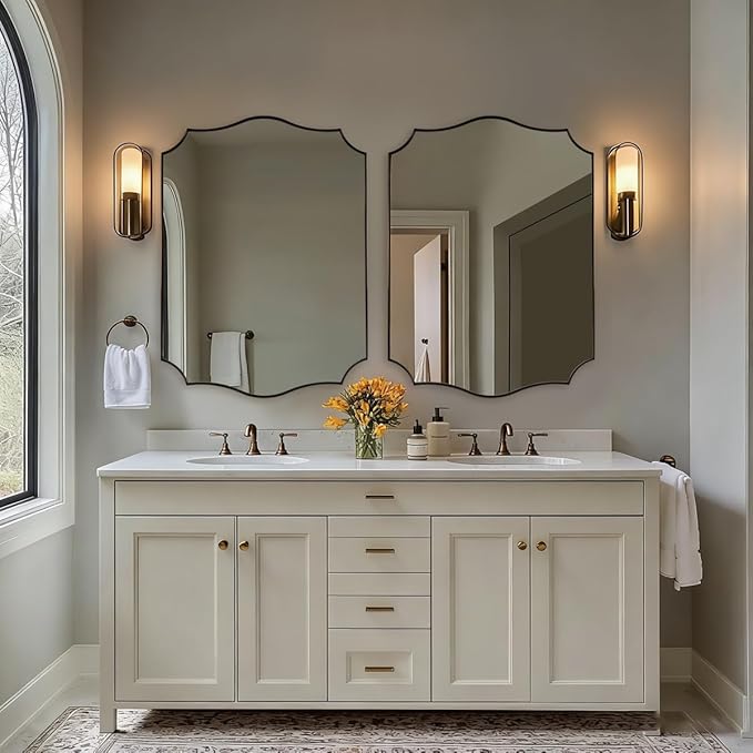 ANDY STAR Brushed Bronze Mirror, 28x36 Inch Bathroom Mirror, Scalloped Mirrors for Bathroom, Anti-Rust Stainless Steel Frame, Unique Curved Design Ideal for Bathroom, Living Room, Mantel