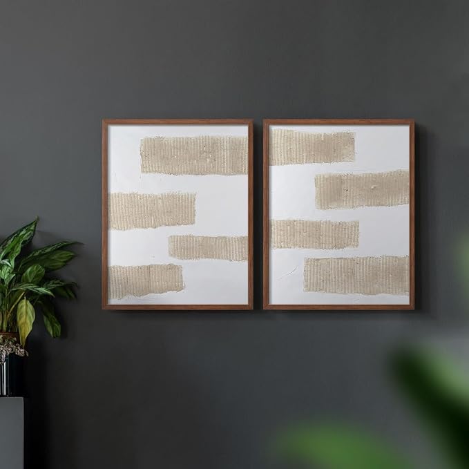 Renditions Gallery Set of 2 Peel & Stick Framed Prints, Modern Abstract Wall Art, Textured Brush Strokes Wall Decor, Re-Stickable - Ready to Hang - 16"x20" - Walnut Frame LT588