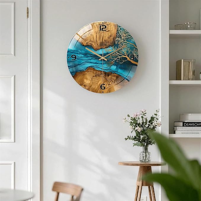 16 Inch Blue River Glass Wall Clock Silent Modern Art Decor | Silent glossy resin and wood-style wall clock perfectly tracks time, adding modern art to your living room