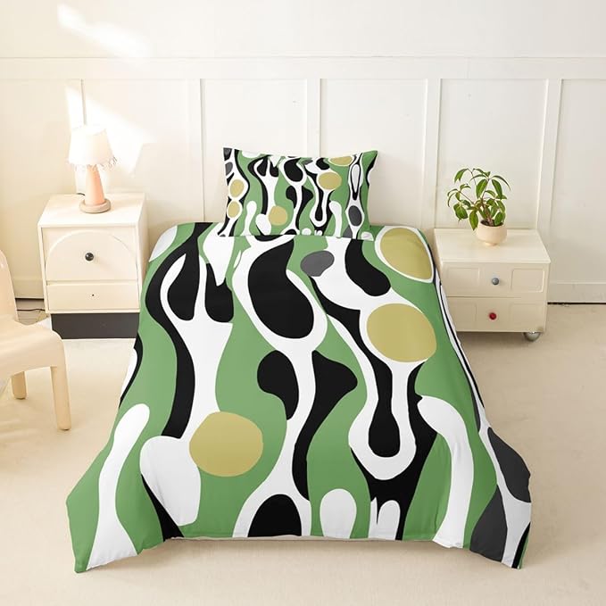 Erosebridal Organic Geometric Duvet Cover Set Modern Abstract Girl Toddler Bedding Set for Youth Boys Retro Mid Century Comforter Cover Modern Fluid Art Irregular Circles Bed Sets,Sage Green Khaki
