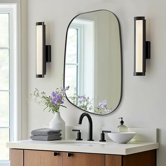 ANDY STAR 22"x30" Black Bathroom Mirror, Irregular Wall Mirror in Stainless Steel Metal Frame, Modern Matte Black Finish with Curved Edge Design, Wall-Mount Vertically or Horizontally