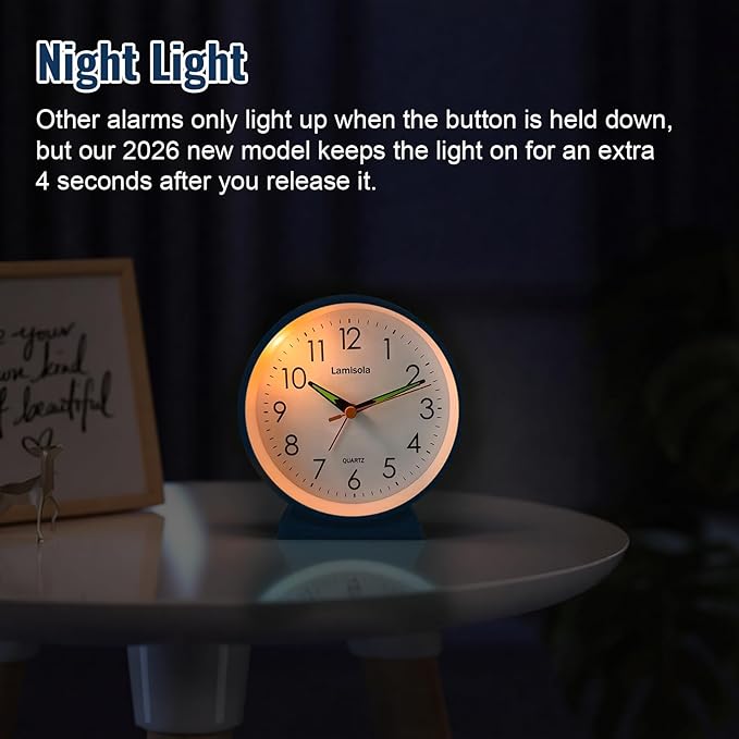 Lamisola 4.5 Inch Small Silent Analog Alarm Clock, Retro Battery Operated Desk Clock with Night Light Stays On 4 Seconds Vintage Metal Table Clock for Bedside, Bedroom, Office, Bathroom - Navy Blue