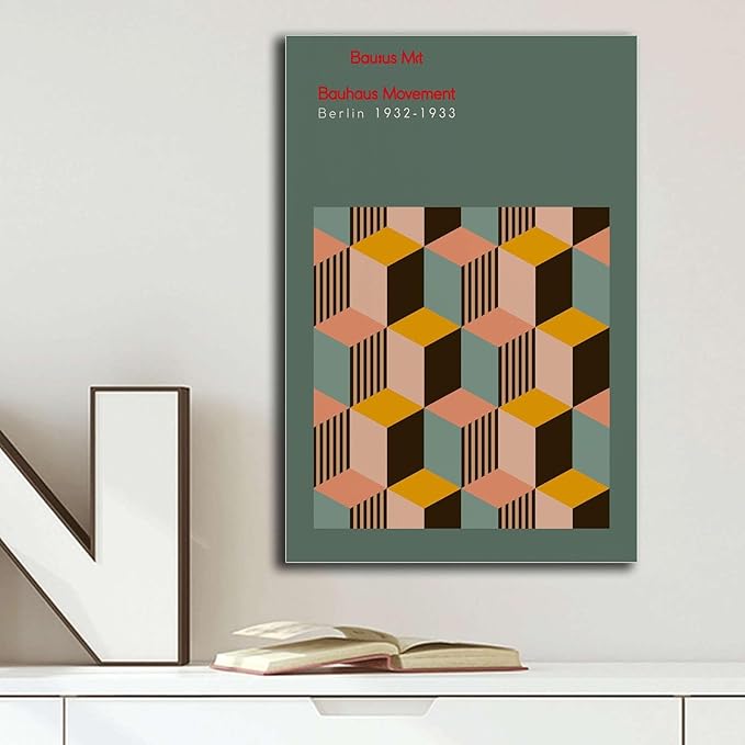 Poster Wall Art Print Bauhaus Exhibition Poster Geometric Minimalist Abstract Wall Art Print Mid Century Modern Orange Sage Green Decor Living Room and Bedroom Home Decoration 16x24inch wood Frame