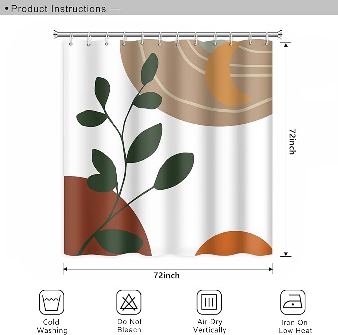 Abstract Boho Shower Curtain for Bathroom Moon Eucalyptus Leaves Waterproof Polyester Shower Curtains Modern Minimalist Artistic Aesthetic Shower Curtain with Hooks Decorative, 72x72 Inch