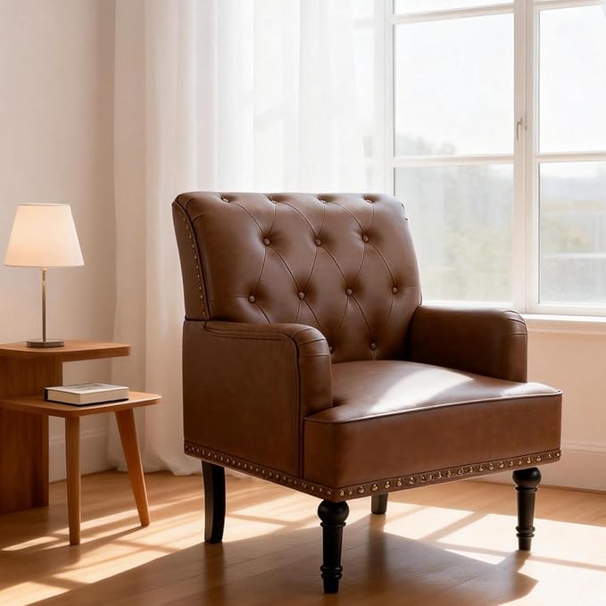 MOJAY Faux Leather Accent Chair, Mid-Century Armchair Living Room Sofa Chair with Rubber Wood Leg, Club Chair with Rivet Trim for Bedroom Reading Room Reception (Brown)