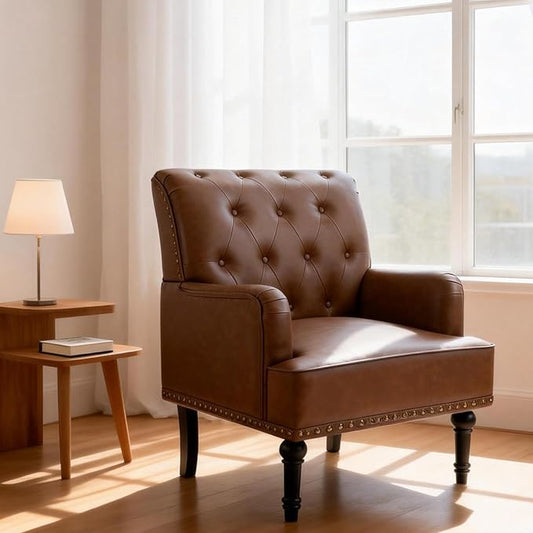 MOJAY Faux Leather Accent Chair, Mid-Century Armchair Living Room Sofa Chair with Rubber Wood Leg, Club Chair with Rivet Trim for Bedroom Reading Room Reception (Brown)