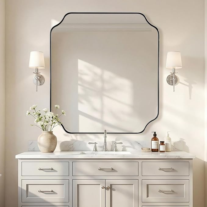 ANDY STAR 36x40 Inch Chrome Bathroom Mirror, Large Scalloped Mirror for Wall, Modern Polished Nickel Mirror in Anti-Rust Stainless Steel Meral Thin Frame, Ideal for Bathroom Remodel
