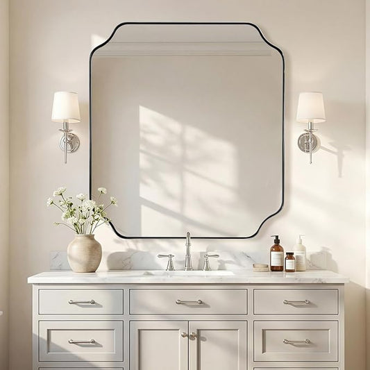 ANDY STAR 36x40 Inch Chrome Bathroom Mirror, Large Scalloped Mirror for Wall, Modern Polished Nickel Mirror in Anti-Rust Stainless Steel Meral Thin Frame, Ideal for Bathroom Remodel