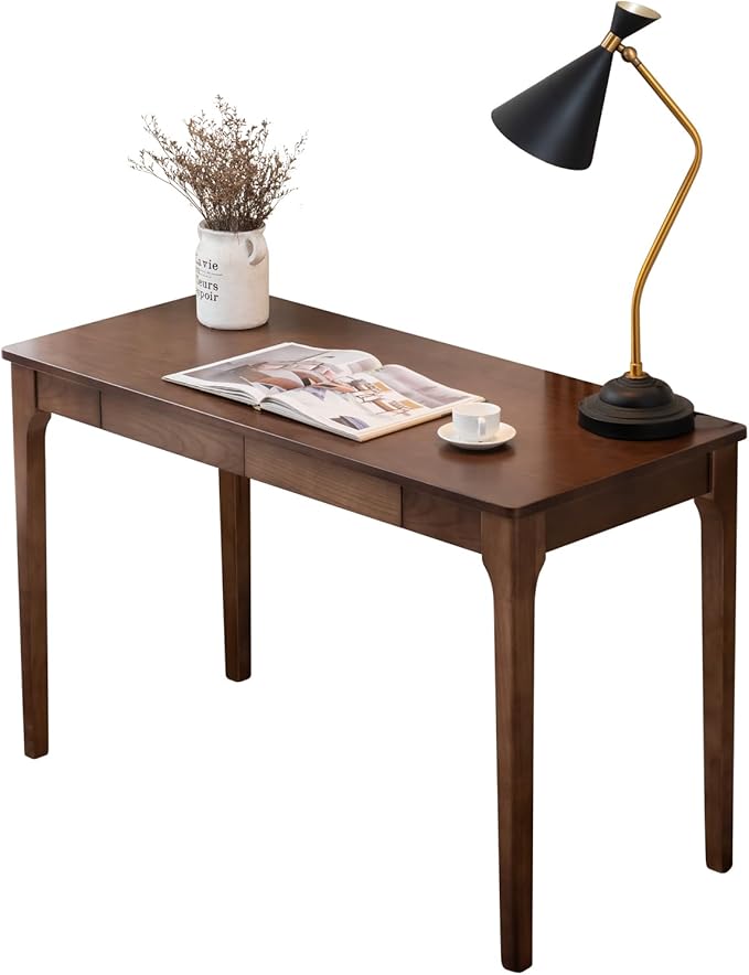 Solid Wood Desk with Drawers, Home Office Desk for Small Spaces, Gaming Work Study Desk, Student PC Desk for Bedroom, Easy to Assemble (Walnut Color, 47.2 inch)