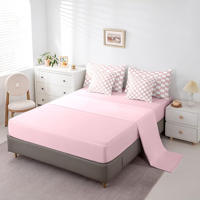 Erosebridal White Pink Plaid Queen Comforter Set with Sheets 7 Piece Light Pink Checkerboard Bedding Set for Kids Girls Teen,Checkered Grid Bed in A Bag Modern Aesthetic Geometric Bed Set