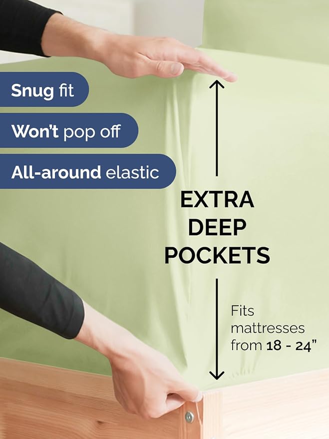 Extra Deep Twin Sheet Set - 4 Piece Breathable and Cooling Sheets - Hotel Luxury Bedding for Women, Men, Kids & Teens - Easy & Secure Fit - Soft, Wrinkle Free & Comfy - Extra Deep Pockets - Light Sage