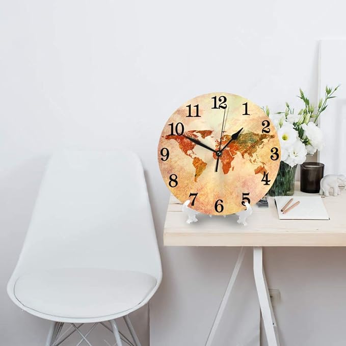 World Map Wall Clock Battery Operated Silent Round Clock Retro Style Wall Decor for Home Office School, 12 Inch