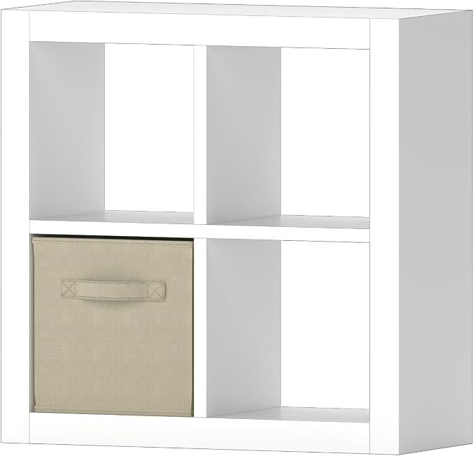 furtble Bookshelf with Storage Bin, 4-Cube Storage Organizer, Modern Wood Open Bookcase, Multifunctional Display Shelf for Living Room, Bedroom, Home Office, White