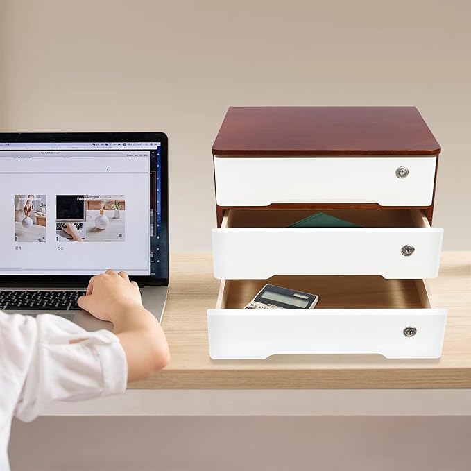Wooden Desk Organizer with Drawers & Lock Desktop Storage Cabinet Tabletop Organizing Unit for Home Office Supplies File Stationery Jewelry (Dark Brown, 3 Tiers)
