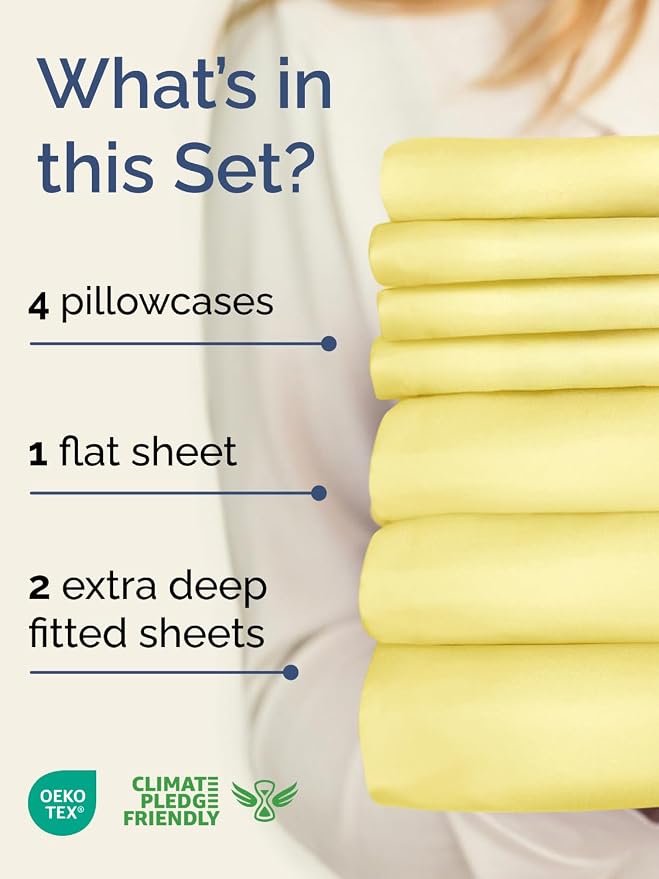 Extra Deep Split King Sheet Set - 7 Piece Breathable and Cooling Sheets - Hotel Luxury Bedding for Women, Men, Kids & Teens - Easy & Secure Fit - Soft and Wrinkle Free - Extra Deep Pockets - Yellow