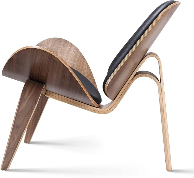 Mid Century Modern Shell Lounge Chair, PU Leather, Tripod Plywood Classic Design Solid Wood Accent Chairs for Living Room, Reading, Lounge, Office, Salon