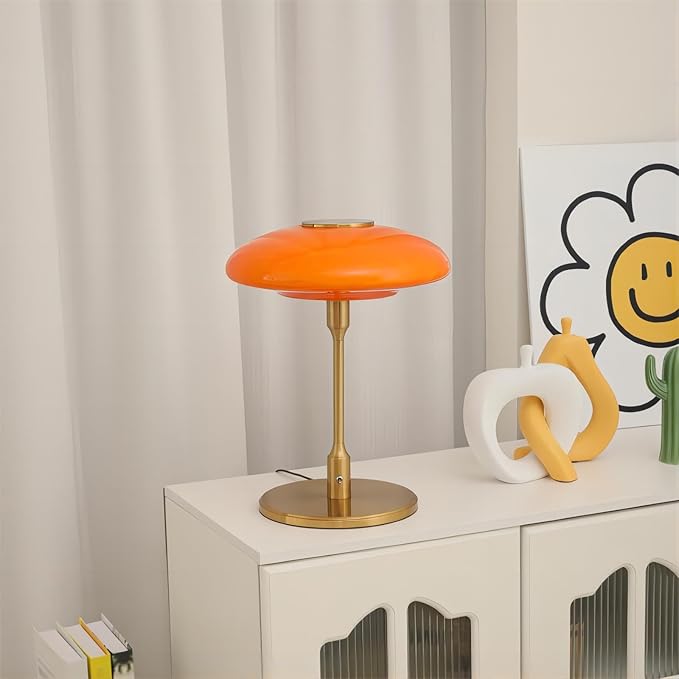 Table Lamp, Metal and Glass Modern Bedside Lamp, Decorative Table Light, Table Lamp for Living Room Bedroom Study Room, 12.6 * 16.5 Inch, Gold & Orange