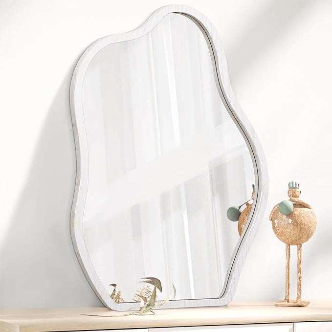 Irregular Cloud Mirror Modern Wood Frame Wall Mirrors Unique Shape Asymmetrical Wall Vanity Artistic Decor for Bedroom Bathroom Entryway Hallway Living Room Small White