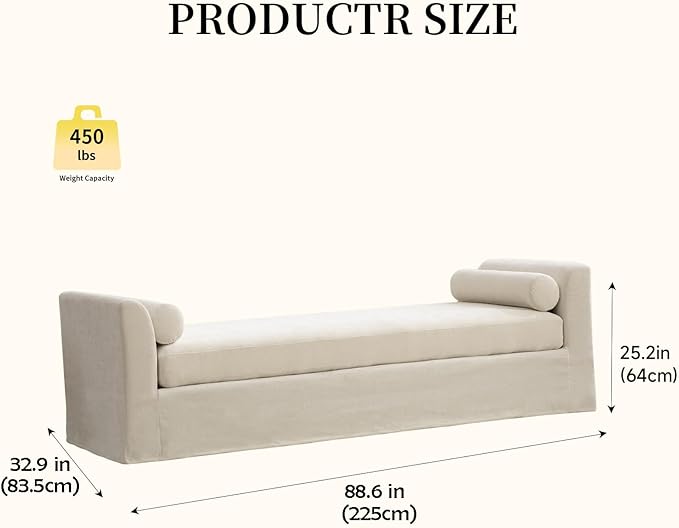 Chifee & Vingol Oversized Chaise Lounge Indoor 88" W Extra-Long End of Bed Bench Upholstered Modern Dining Benches with Removable Pillows for Living Room Bedroom,Beige