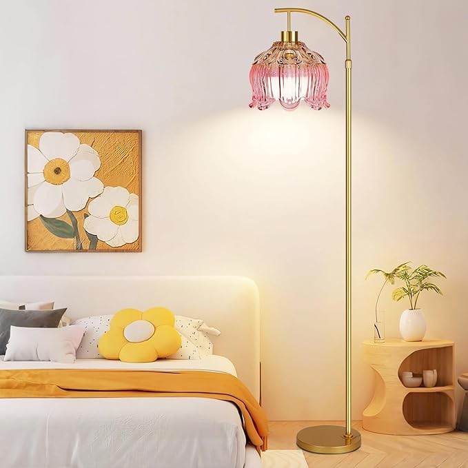 ILLMTW Pink Floor Lamp for Living Room,Bedroom,Glass Mid Century Modern Standing Lamp with Remote,Dimmable Gold Brass Tall Lamp Tulip Flower Arc Floor Light Boho Bohemian