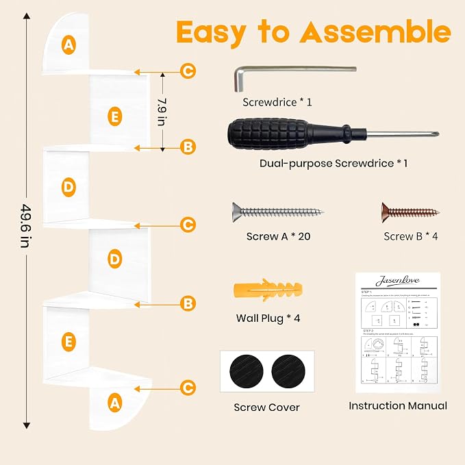 Corner Shelf Wall Mounted, 5 Tier Corner Bookshelf with Light, Corner Floating Shelves Display Shelf Stand for Bedroom, Bathroom, Living Room, Kitchen, Home, Office (White)