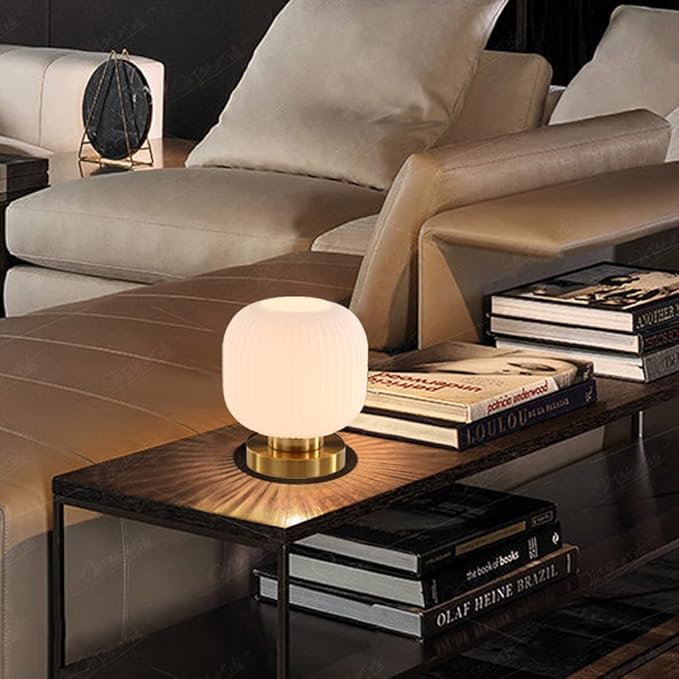 mid Century Modern Table lamp Gold Desk lamp White Ribbed Glass Shade Globe Table lamp nightstand lamp Small Table lamp for Bedside end Table Bedroom Living Room Office